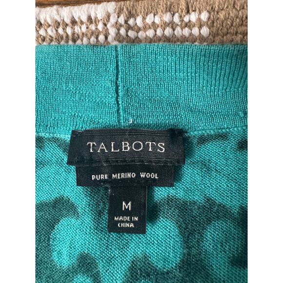 Talbots Merino Wool Cardigan Women M Blue Green Fleur de Lis Sweater Floral Top - Picture 5 of 5